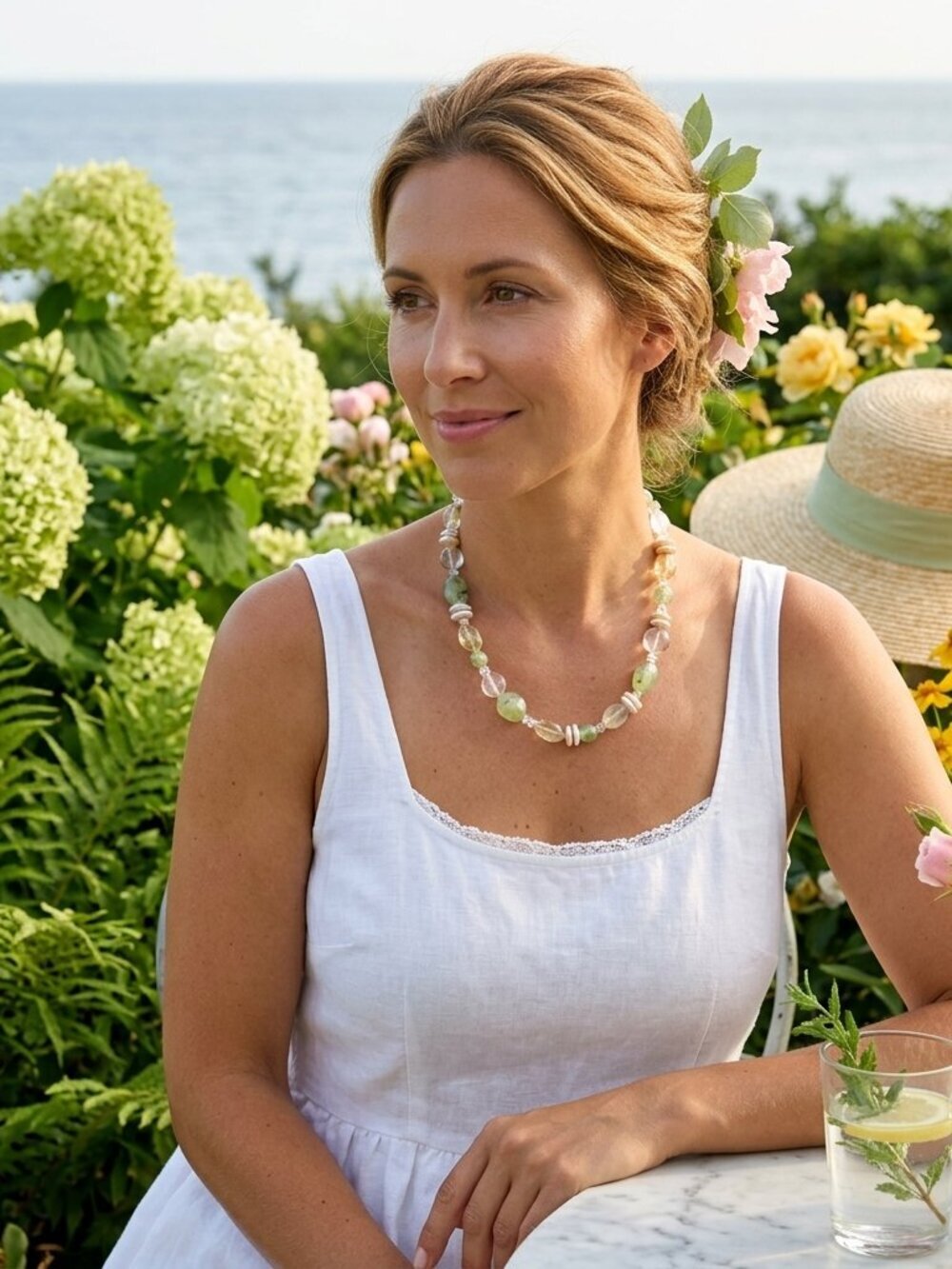 Green quartz gemstone coin pearl necklace